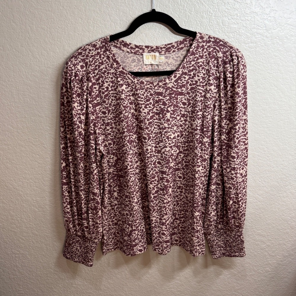 NATION LTD Women's XXL Long Sleeve Smocked Cuff Leopard Print Top Made in Peru - Picture 4 of 10